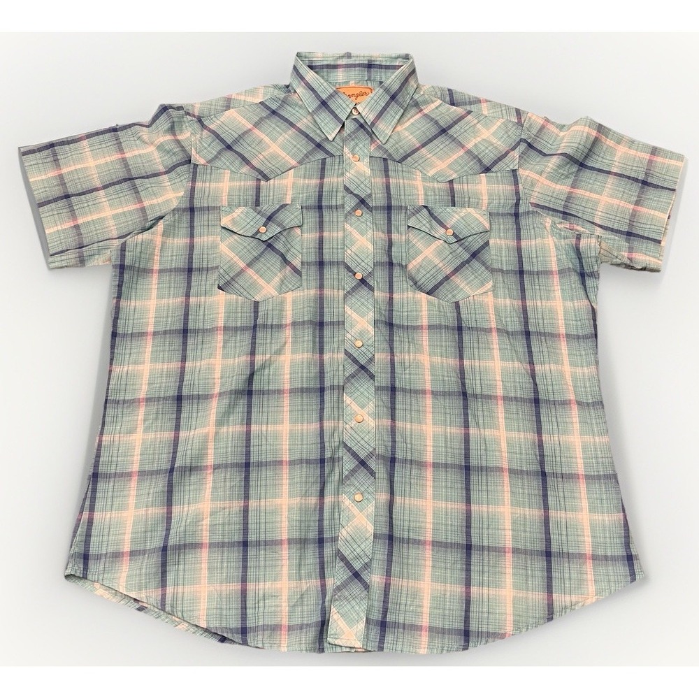 Wrangler Mens XL Short Sleeve Shirt Teal Plaid Pearl Snap Work Cowboy Country